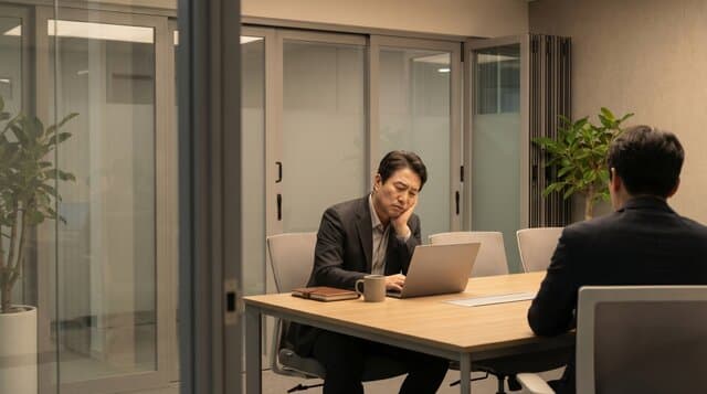 유리 파티션 회의실에서 노트북을 보며 지친 표정을 짓는 B2B 회사 대표
