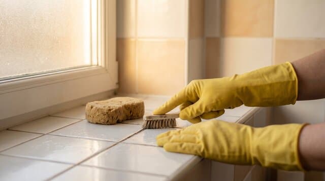 노란 고무장갑을 끼고 직접 욕실 타일을 닦는 청소업체 대표의 손