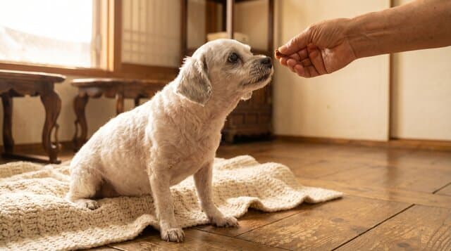 보호자 손에서 간식을 받아먹는 흰 수염의 노령견 — 한 놈만 패는 마이크로 타겟팅